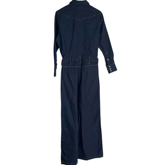 Wrangler Trouser Coverall Jumpsuit S Blue Denim Pearl Snap Flared Leg Western - Picture 5 of 8
